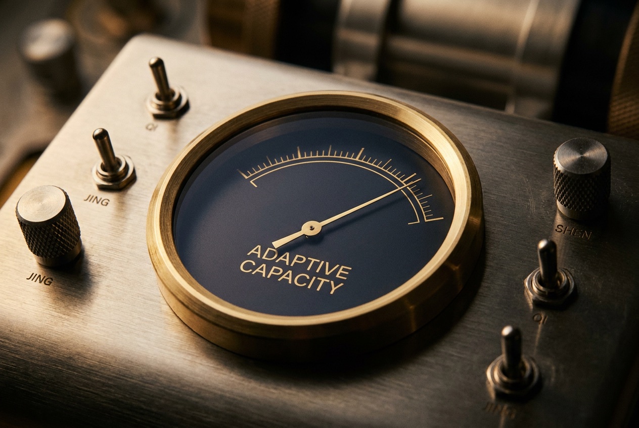 A vintage analog instrument gauge reading Adaptive Capacity, gold needle swept into the upper range on a brushed-steel panel