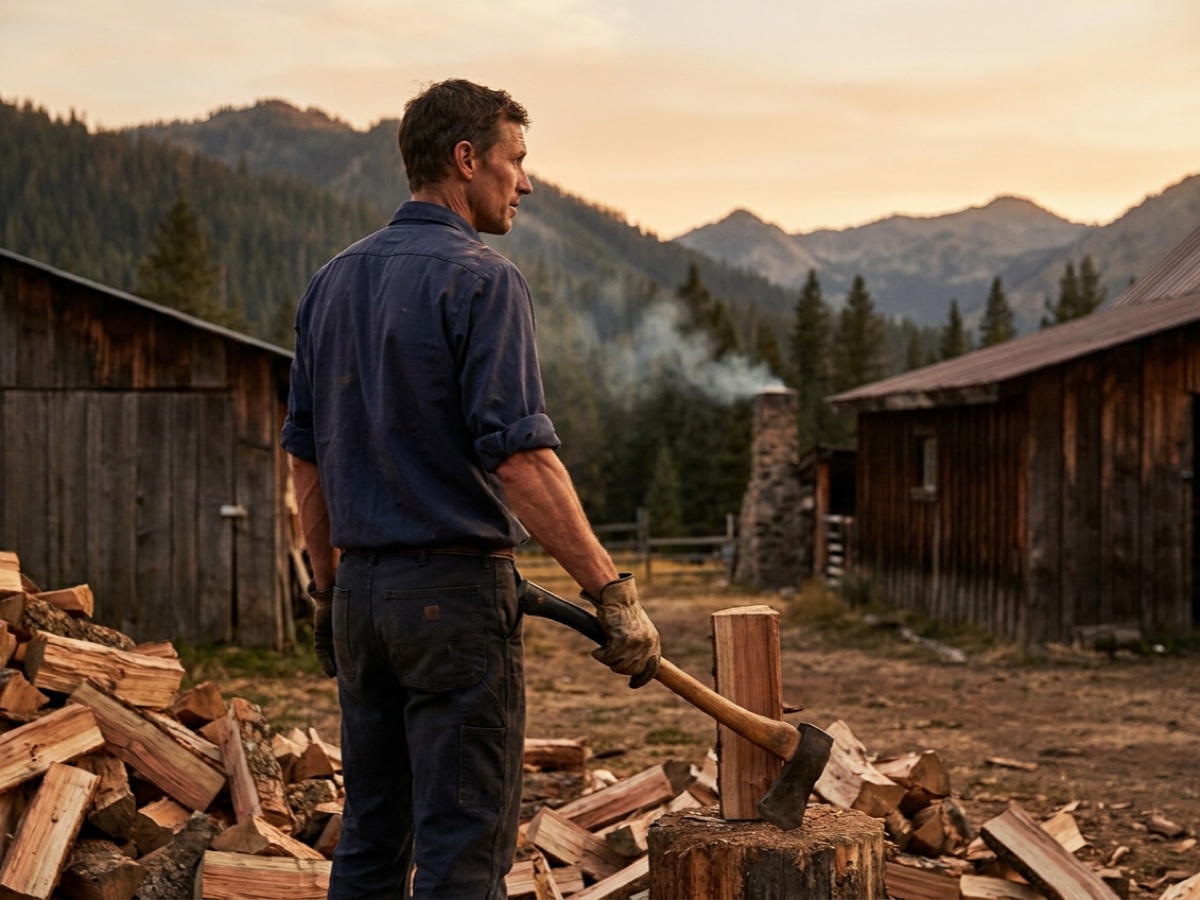 A man standing among split firewood at a mountain homestead at golden hour