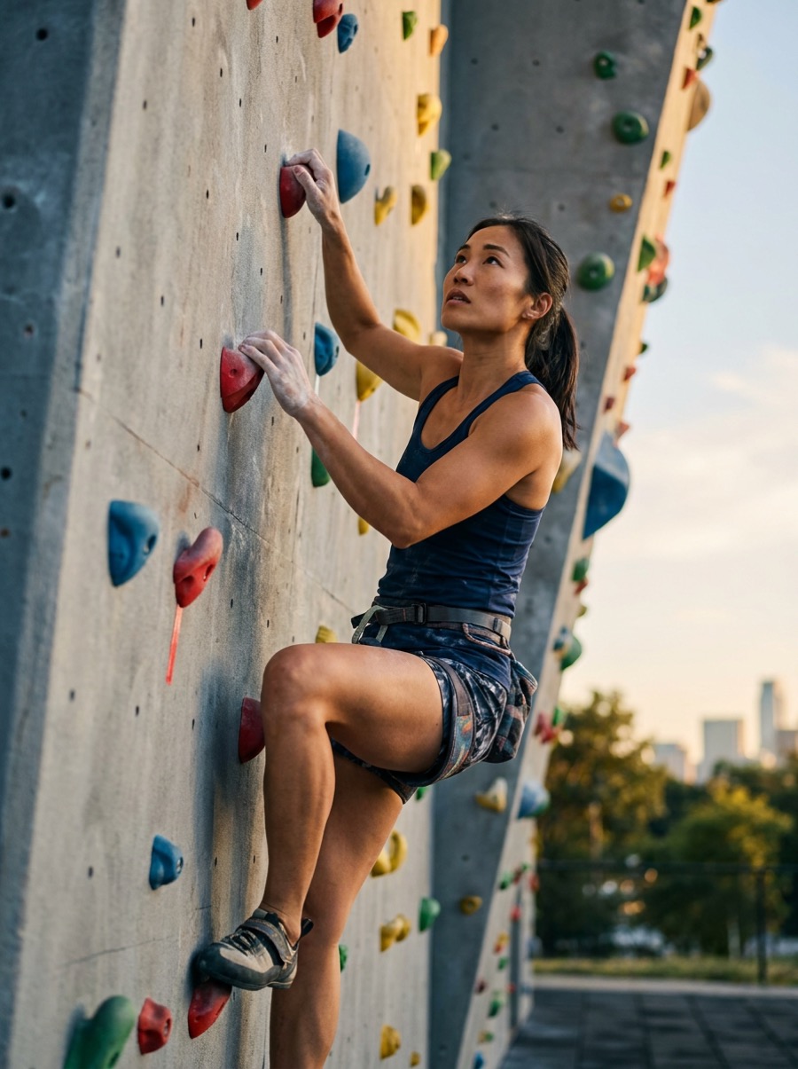 A climber on an outdoor bouldering wall
