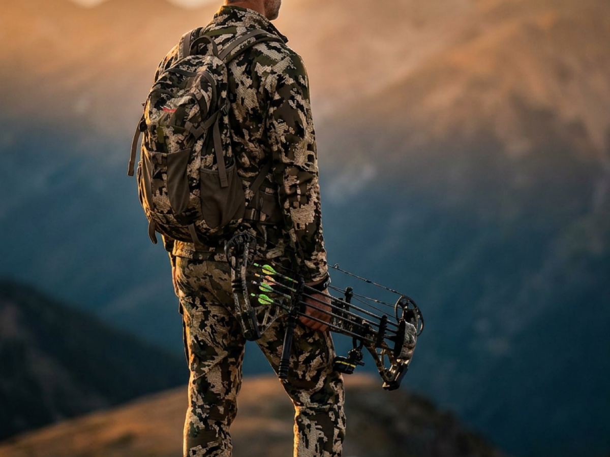A bowhunter on a mountain ridge at golden hour