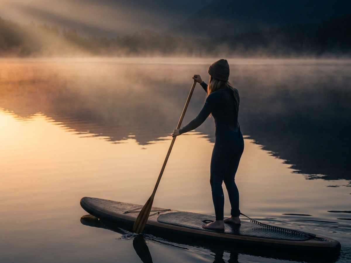 A paddleboarder gliding across still dawn water